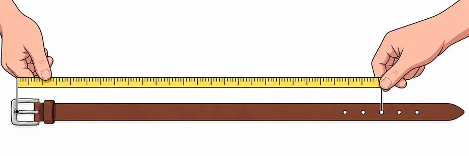 A belt laid flat with a tape measuring from the tip of the buckle pin to the middle of five holes.