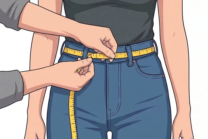 The same measurement on high-waisted jeans, with the tape several centimetres further up.