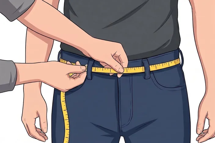 A tape measure held flat round the waistband of low-rise jeans, at hip level.